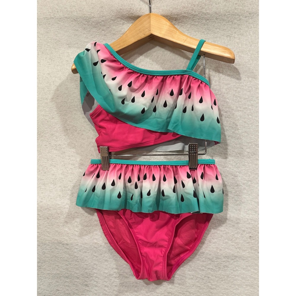 Wave‎ Zone Girls Watermelon Ruffle Two Piece Swimsuit Pink Green 5T